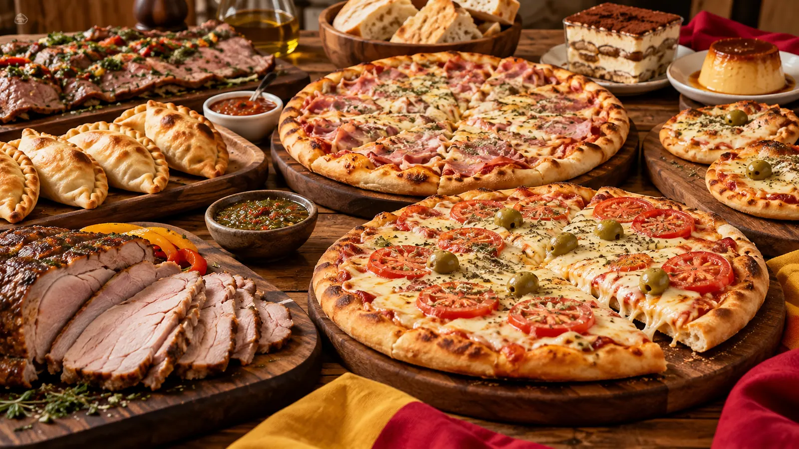 Mesa servida con pizzas, empanadas y comidas de LO DE BASIM